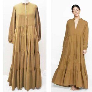 MIKOH Women's Resort Olive Mock Collar Plunge Tiered Voluminous Maxi Dress M